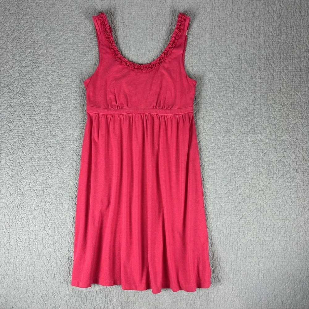 LOFT Pink Cotton Dress with Empire Waist and Scoop Floral Ruffle Neckline - Picture 2 of 10